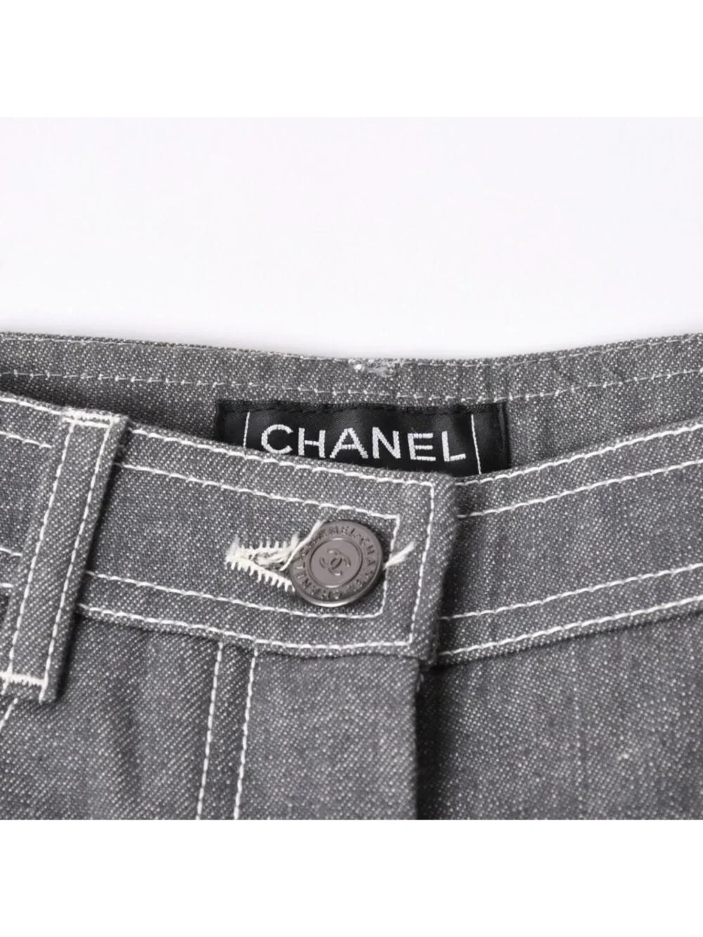 Chanel Flare Bell Denim Pants CC Logo Rhinestone Gray Bootcut White Stitch